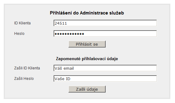 Administrace webhostingu - přihlášení